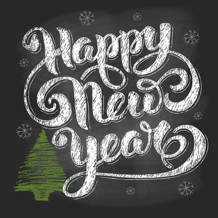 New Year vintage greeting with chalked calligraphy lettering and fir tree on chalkboard background. Vector illustration.のイラスト素材