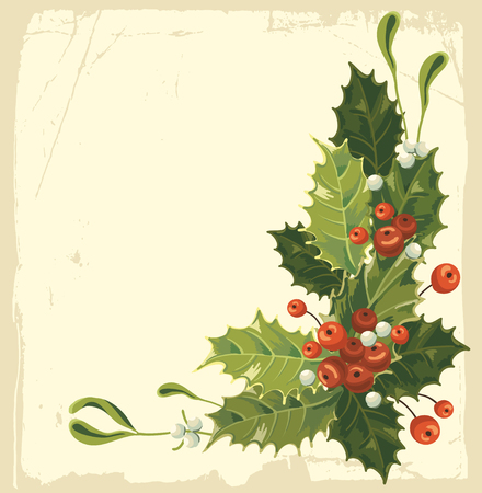 Vintage Christmas card with holly berryのイラスト素材