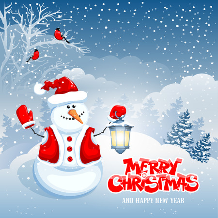 Christmas greeting card with cute snowman on winter landscapeのイラスト素材