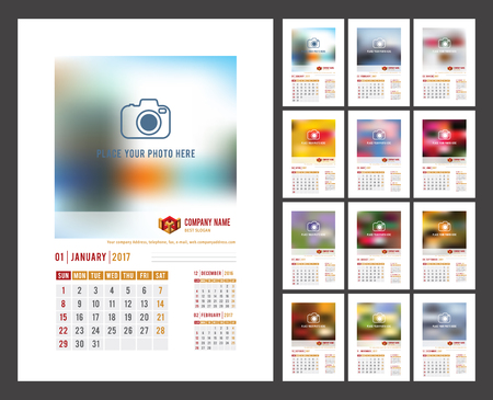 Design of Wall Monthly Calendar for 2017 Year. Print Template with Place for Photo, Your Text. Week Starts Sunday. Portrait Orientation. Set of 12 Months. Stock Vector.のイラスト素材