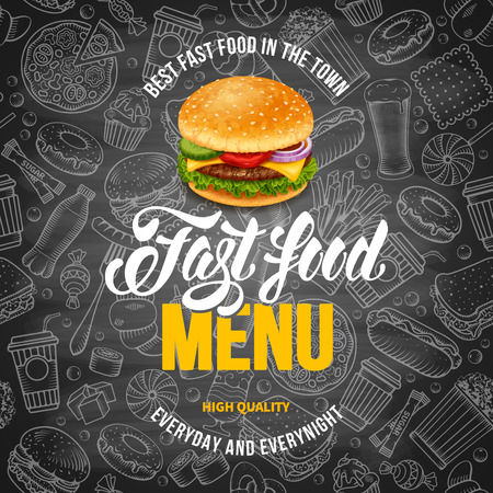 Fast Food Menu Template in Hand Drawn Doodle Style with Different Objects on Fast Food Theme. Chalkboard Design. Vector stock Illustration.のイラスト素材