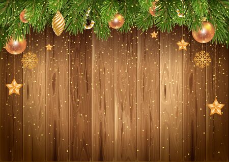 Christmas wooden background golden glitters and decorated Christmas fir tree. Vector stock illustration.のイラスト素材
