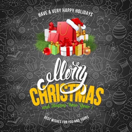 Christmas Greeting Design Template in Hand Drawn Doodle Style with Many Christmas Gifts. Chalkboard Design. Calligraphy Inscription Merry Christmas. Vector stock Illustration.のイラスト素材