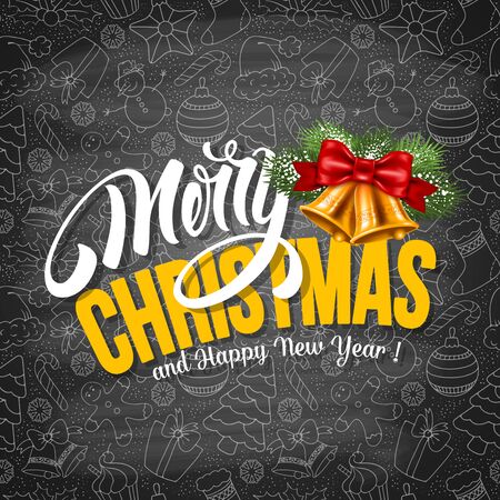 Christmas Greeting Design Template in Hand Drawn Doodle Style with Different Objects on Winter Holidays Theme. Chalkboard Design. Calligraphy Inscription Merry Christmas. Vector stock Illustration.のイラスト素材