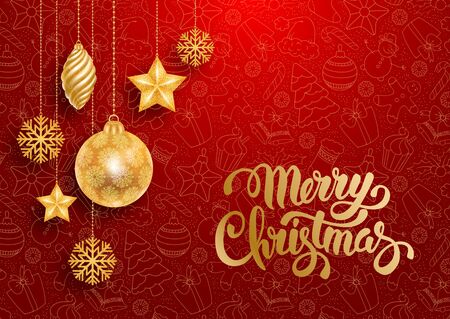 Festive Christmas Luxury Design with Golden Christmas Decorations and Seamless Pattern on Red Background. Calligraphy Inscription Merry Christmas. Vector Stock Illustration.のイラスト素材