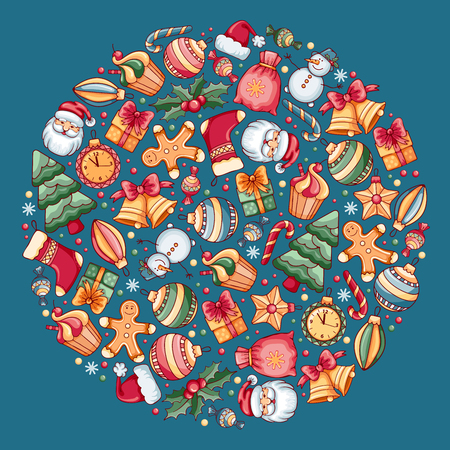 Festive Christmas and New Year Rounded Design with Different Christmas Objects on Blue Background. Vector Stock Illustration.のイラスト素材