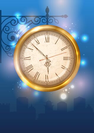 Vintage street clock hanging on forged bracket against the city at dusk. Vector illustration.のイラスト素材