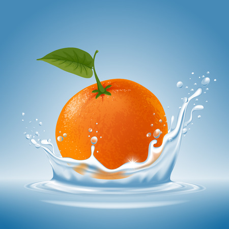 Ripe fresh tangerine with water splash on blue background. Vector illustration.のイラスト素材