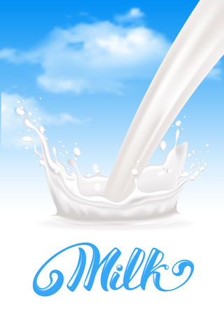 Milk stream with splash like crown against blue sky background with clouds. Vector realistic illustration.のイラスト素材