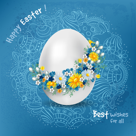Easter greeting festive design with realistic chicken egg in a wreath of spring flowers and elements of spring holidays in doodle style on background. Vector illustration.のイラスト素材