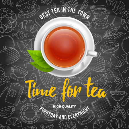 Design for Tea shop in vintage, outline, hand drawn doodle style with different objects on tea theme on chalkboard. Tea cup in center, top view. Linear and realistic graphic. Vector.のイラスト素材