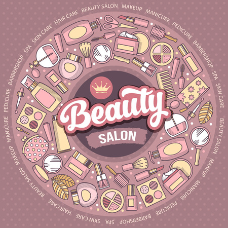 Cosmetics and makeup circle colorful design in line art doodle style. Vector illustration.のイラスト素材