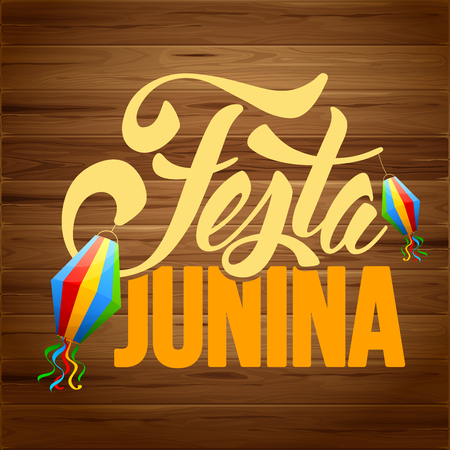 Festa Junina Brazil holiday design with traditional decorations on rustic wooden background. Vector illustration.のイラスト素材