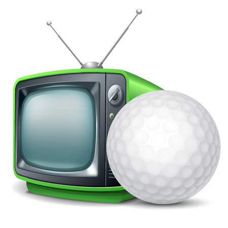 Golf channel. Golf ball and retro television. Vector realistic volumetric illustration. Isolated on white background.のイラスト素材