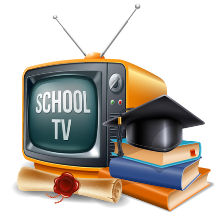 Education channel. Book stack, graduation cap, diploma and retro television. Vector realistic volumetric illustration. Isolated on white background.のイラスト素材
