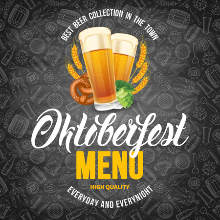 Oktoberfest beer festival menu template with different objects related with beer. Chalkboard design with hand drawn doodle pattern. Vector illustration.のイラスト素材