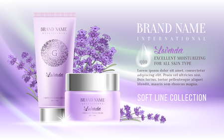 Excellent cosmetic ads, facial cream and hand cream. For announcement sale or promotion new product. Realistic ream bottles on soft background with lavender flowers. Vector illustration.のイラスト素材