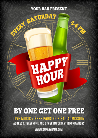 Happy Hour. Free beer. Vintage illustration template for web, poster, flyer, invitation to party. Vector stock illustration. Happy Hour. Free beer. Vintage illustration template for web, poster, flyer, invitation to party. Vector stock illustration.