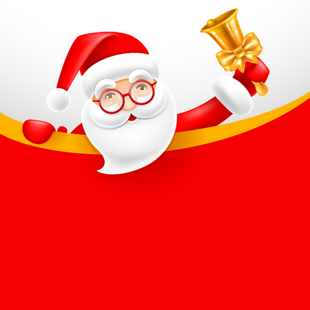 Cheerful cartoon Santa Claus with golden jingle bell. Empty space for your text, vector illustration.のイラスト素材