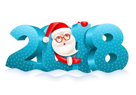 Volumetric digits 2018 in the snow and cute cartoon Santa Claus. Christmas and New Year festive design. Vector illustration.のイラスト素材