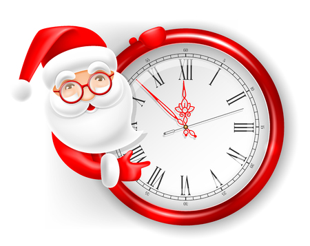 The holiday Christmas is coming. Cute cartoon Santa Claus and circle clock. Vector illustration. Isolated on white background.のイラスト素材