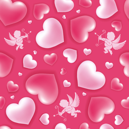 Valentines Day pattern with shiny and glossy hearts, symbol of love and cupids on pink illustration.のイラスト素材