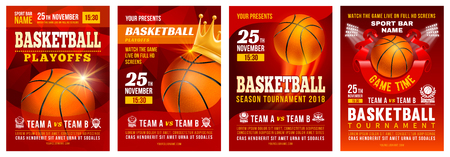 Set of basketball posters with basketball ball. Basketball Playoff advertising. Sport event announcement. Place your text and emblems of participants. Vector illustration. のイラスト素材