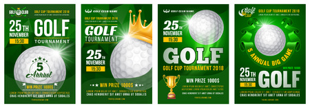 Set of golf posters with golf ball. Golf tournament advertising. Sport event announcement. Place your text and emblems of participants. Vector illustration. のイラスト素材