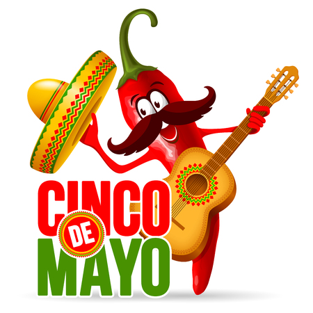 Cinco de Mayo design with lettering, and cheerful red pepper jalapeno mariachi in sombrero and with decorated guitar - symbols of holiday. Isolated on white background. Vector illustration.のイラスト素材