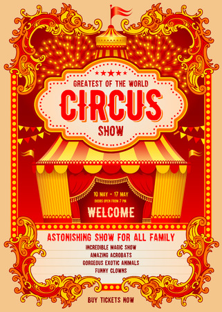 Vintage Circus advertising poster with big circus marquee. Elegant title, gorgeous decorated background and space for your text. Vector illustration.のイラスト素材