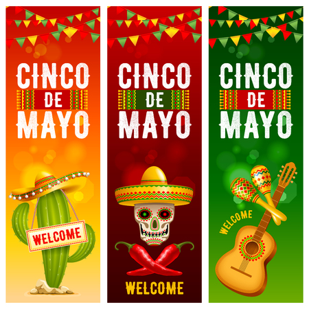Cinco de Mayo banners set with skull and cactus in sombrero, red peppers jalapeno and with maracas and guitar - symbols of holiday. Vector illustration.のイラスト素材
