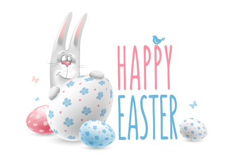 Cute rabbit Bunny and colored eggs on lacy backdrop, Easter greeting card design.のイラスト素材
