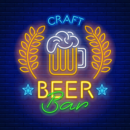 Blue neon light glowing sign Craft beer bar against a brick wall background. Vector illustration.のイラスト素材