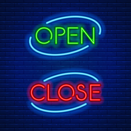 Blue neon light glowing sign Open and sign Close against a brick wall background. Vector illustration.のイラスト素材