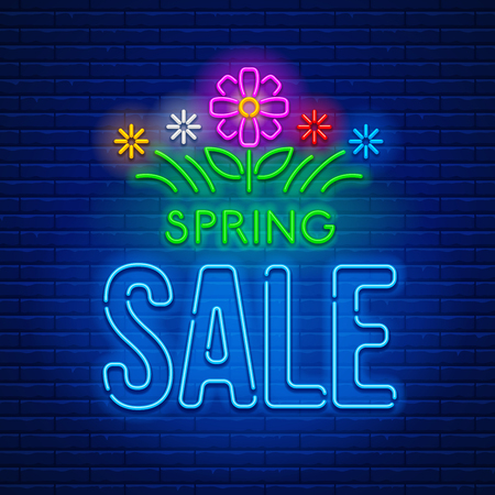 Colored neon light glowing sign Spring Sale with grass and flowers against a brick wall background. Vector illustration.のイラスト素材