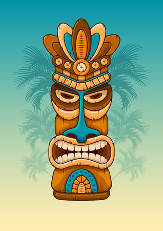 Tiki tribal wooden mask. Hawaiian traditional elements. Silhouettes of palm tree on background. Vector illustration.のイラスト素材