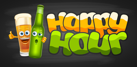 Happy Hour. Vintage vector illustration with lettering and cute cheerful beer glass and bottle. のイラスト素材