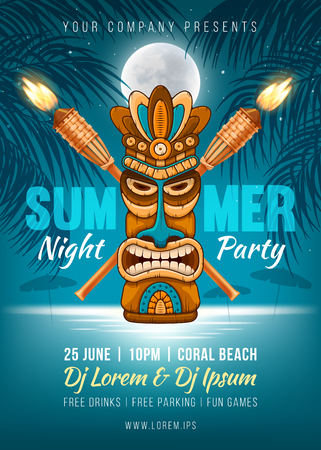 Summer Night party poster design with Tiki mask, bamboo torch and silhouette of the palm leaves, full moon and it reflection in the sea water near the beach. Vector illustrationのイラスト素材