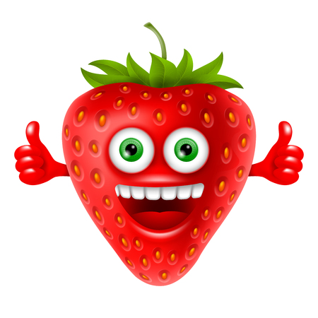 Funny smiling cartoon strawberry with leaves. Concept design. Realistic vector illustration. Isolated on white background.のイラスト素材