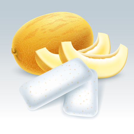 Bubble gum with honeydew melon flavor. Chewing pads with fresh melon friut. Vector illustration.のイラスト素材