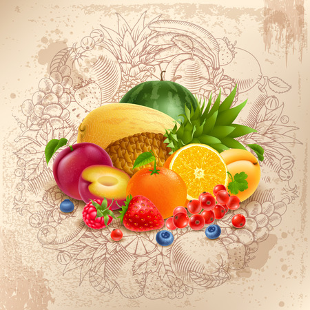 Fruits round design in outline hand drawn doodle or engraved style on grunge background. Pile of the bright realistic fruits and berries in center. Vector Illustration.のイラスト素材