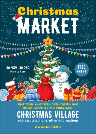Christmas Market poster template. Xmas fair event advertising banner with decorated Christmas tree, snowman, different elements of winter celebration and space for text. Vector illustration.のイラスト素材
