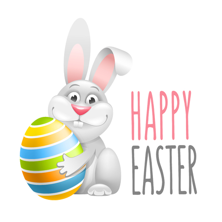 Cute design elements for Easter holidays. Funny bunny hold colored egg. Isolated on white background. Vector illustration.  のイラスト素材