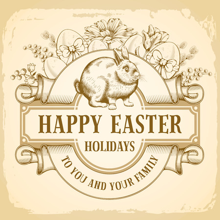 Easter bunny with eggs decorated with bows, spring flowers and willow branches. Easter greeting design. Vintage vector illustration.のイラスト素材
