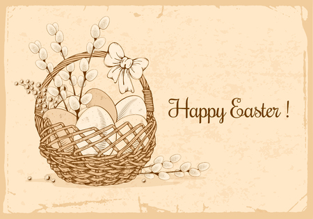Easter eggs, mimosa flowers and willow branches in the basket which decorated with bow. Easter greeting hand drawn design. Vintage vector illustration.のイラスト素材