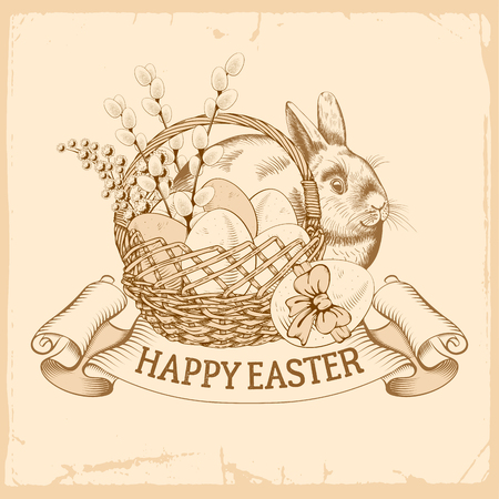 Easter bunny with eggs, mimosa flowers and willow branches in the basket. Vintage vector illustration.のイラスト素材