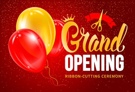 Advertisement of Grand Opening and ribbon cutting ceremony. Unusual design with calligraphy inscription, red ribbon and scissors. Balloons create a festive atmosphere. Vector illustration.のイラスト素材