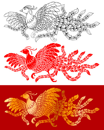 Chinese Phoenix. Traditional chinese symbol of happy marriage, woman and empress. Isolated silhouette, line art, red and gold colors. Vector illustration.のイラスト素材