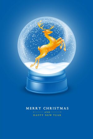 Christmas and New Year greeting graceful design. Luminous magic snow globe with golden glossy and sparkling statuette of jumping deer and flying snowflakes. Realistic vector illustration.のイラスト素材