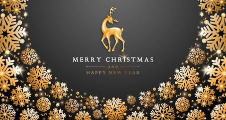 Christmas and New Year greeting luxury design with golden statuette of standing deer and whirlwind of gorgeous golden snowflakes and sparkling tinsel on black background. Vector illustration.のイラスト素材